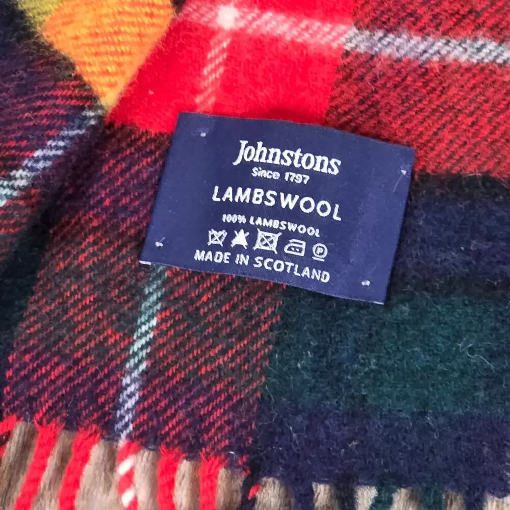 Johnstons of Elgin Scotland 100% Lambswool Tartan Plaid Scarf Multicolor Fringe